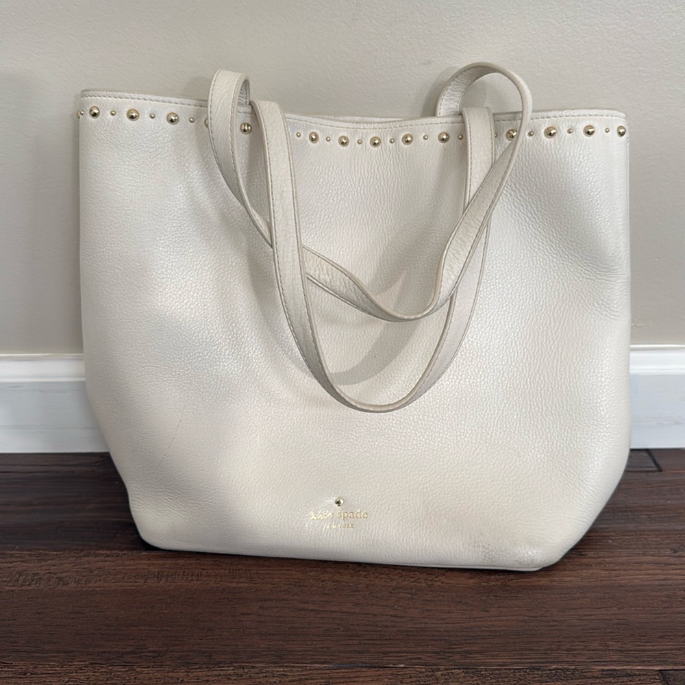 Authentic Kate Spade off white/cream/ivory leather tote bag gold stud details
